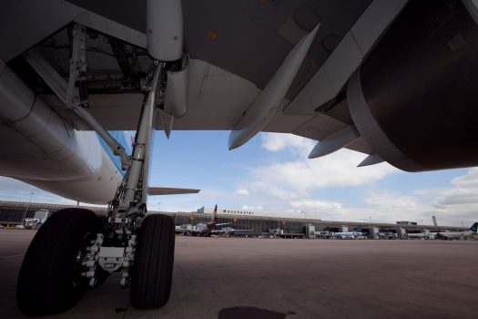 View from under the aircraft at Manchester Airport